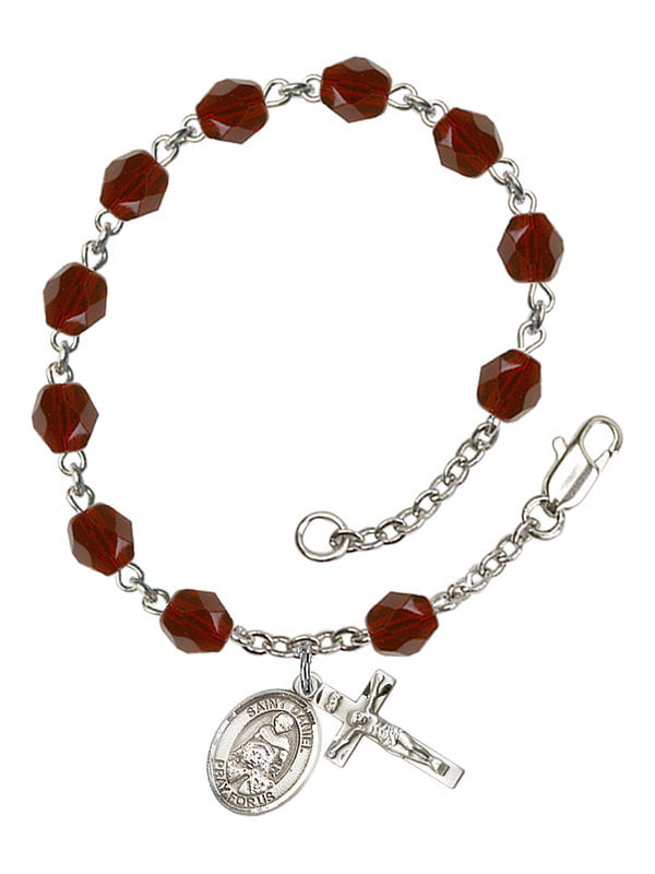 Bonyak Jewelry 18 Inch Rhodium Plated Necklace w/ 6mm Rose Pink October Birth Month Stone Beads and Saint Rosalia Charm