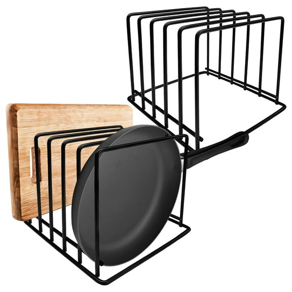 Pot and Pan Organizer, Set of 2, Versatile Metal Kitchen Rack, Compact Pot Rack, Multi-slot Design for Cutting Boards, Thin Pans, Baking Trays, Black