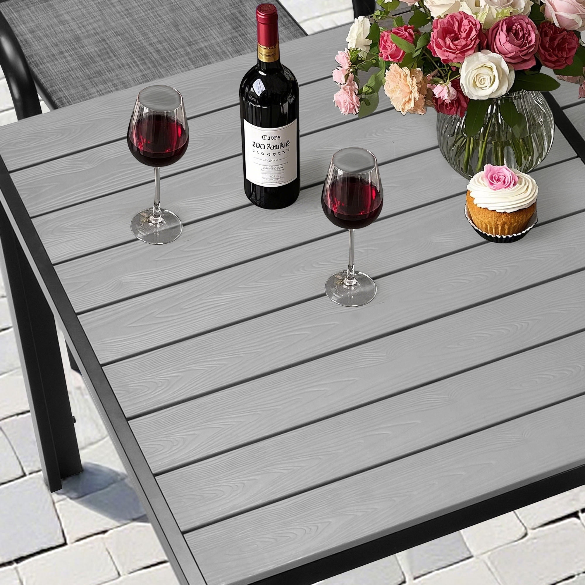 Seizeen 7 Pieces Patio Dining Set, Outdoor Patio Furniture Set, Plastic-wood Table Top with Steel Frame, Dining Set w/Gray Textilene Chairs for Backyard, Garden and Poolside