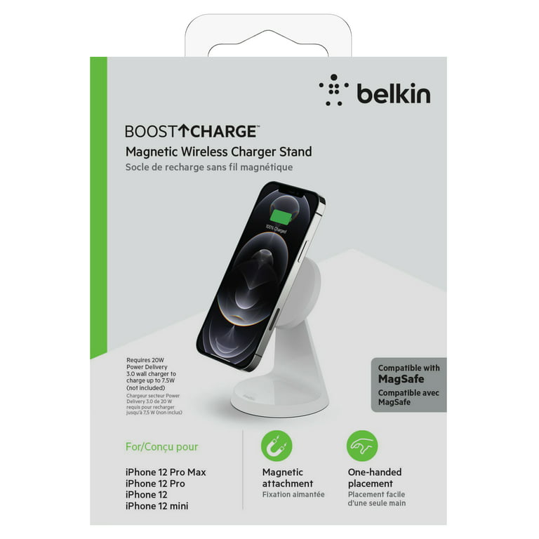 Belkin Magnetic Wireless Charger Stand - MagSafe Compatible - Charger -  Works w/ Apple iPhone 15, iPhone 14, iPhone 13 & iPhone 12 - Power Supply  Not Included - White 