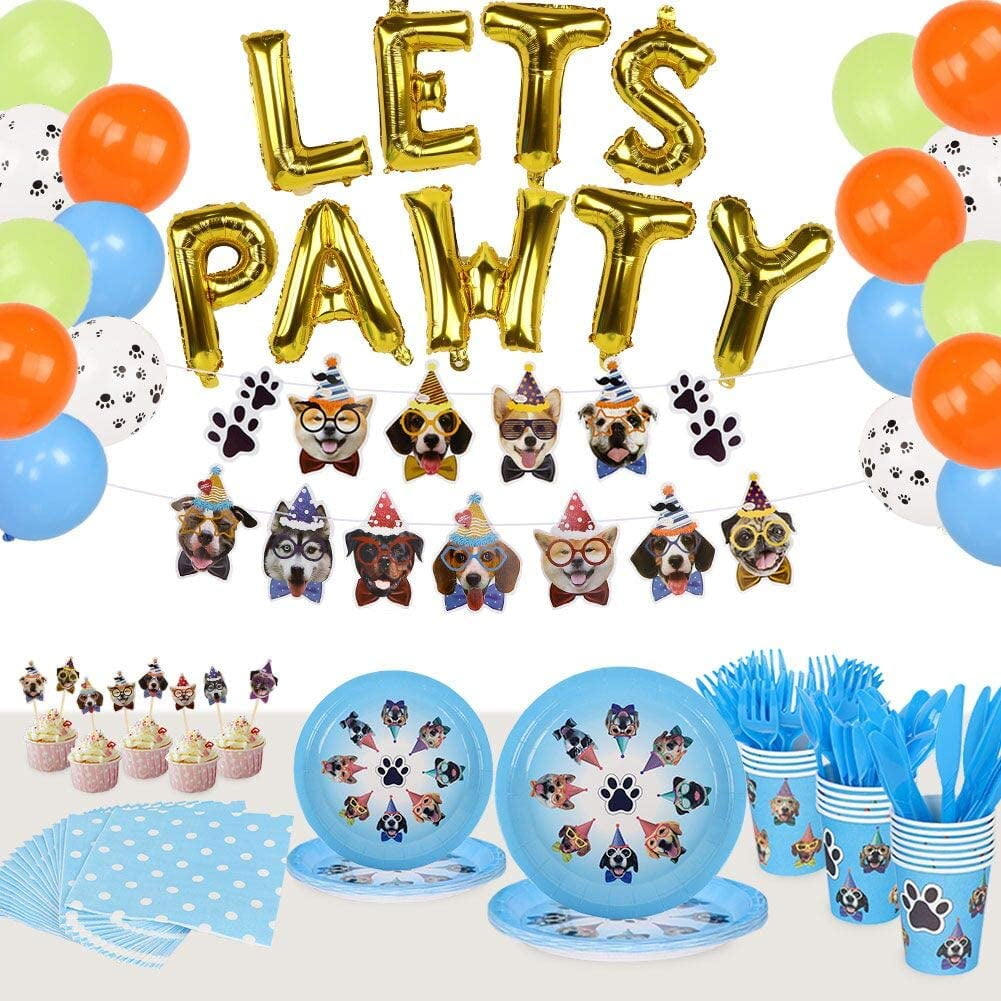 168 Pcs Dog Party Supplies Set Tableware Kit, Dog Birthday Banner Cupcake Toppers, Disposable Plates Cups Cutlery Napkins Balloons for Paw Puppy Kids Birthday