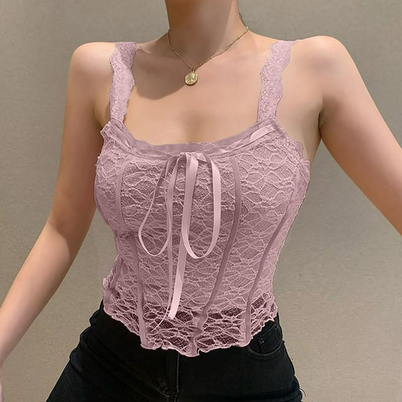 Wycnly Summer Tank Tops Solid Square Neck Sleeveless T Shirts for Women Evening Party Elegant Lace Strappy Slim Corset Top Vest Pink l