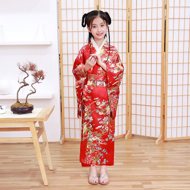 Albornoz estampado tipo kimono para niños, vestido de princesa para niñas, ropa de actuación, temperamento, lindo lazo