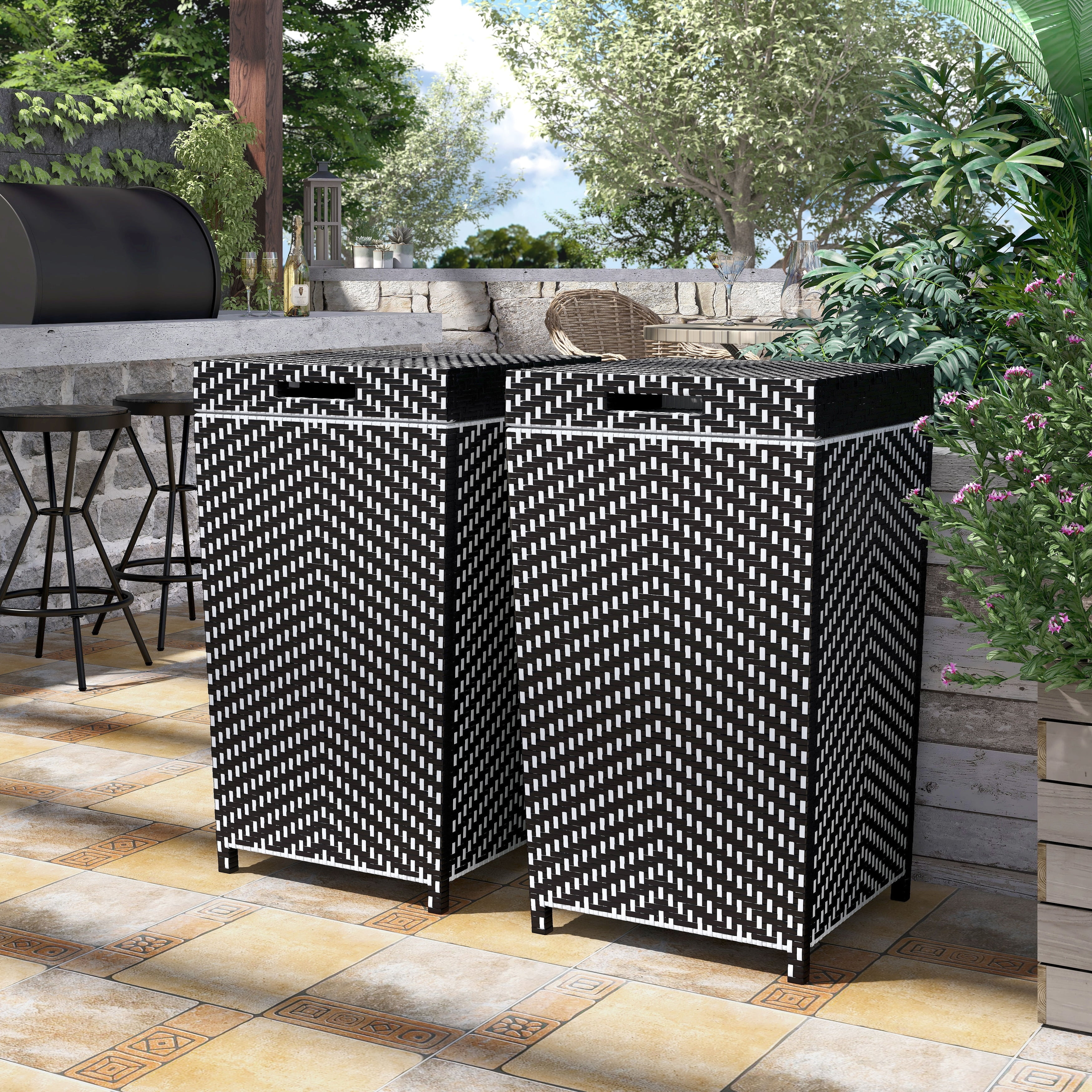 HEARTH & HARBOR 35 Gal. Black Wicker Rattan Outdoor Trash Can with