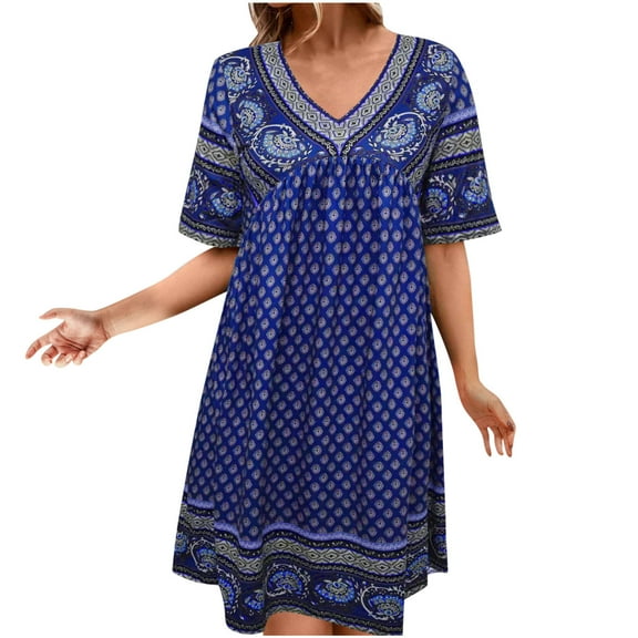 HomeGardon Summer Dresses for Women Summer Dresses,Summer Fashion PrintingShort Sleeve-Neck Dress,S-XXL