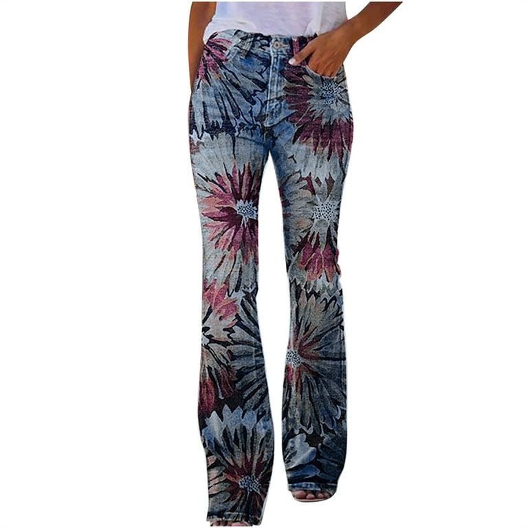 Plus Size Bell Bottom Jeans for Women Floral Embroidered High-Rise Flare  Jeans Stretch Skinny Fitted Denim Pants