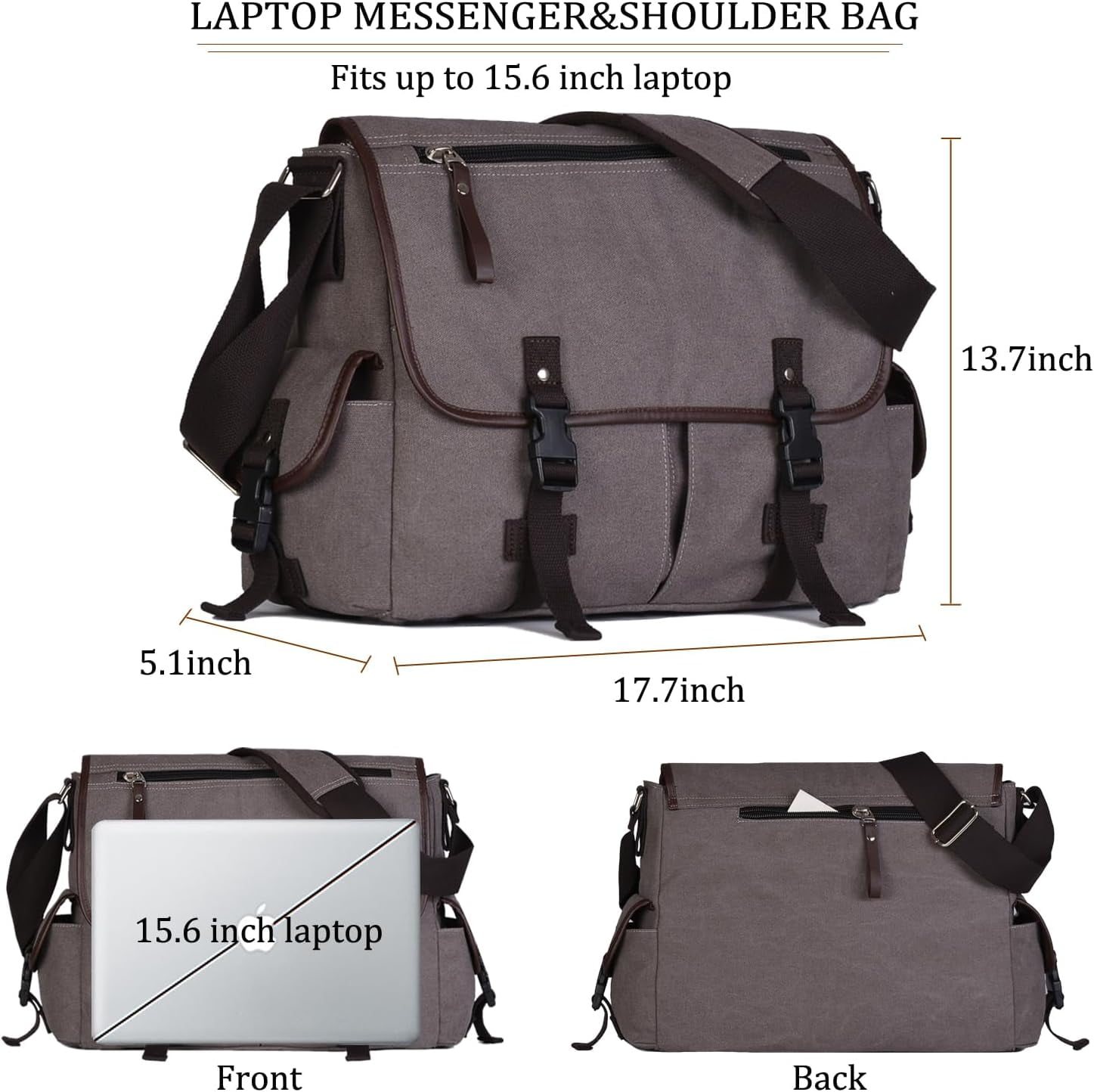 Vintage Canvas 15.6 inch Laptop Messenger Bag for Men Women, College Computer Satchel Shoulder Bag Travel Office Briefcases