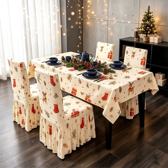 Christmas Tablecloth with Matching Chair Cover Set, Waterproof Stain-Resistant Polyester Fabric, Snowflake Pattern, Dining Table Decor for Parties and Family Gatherings