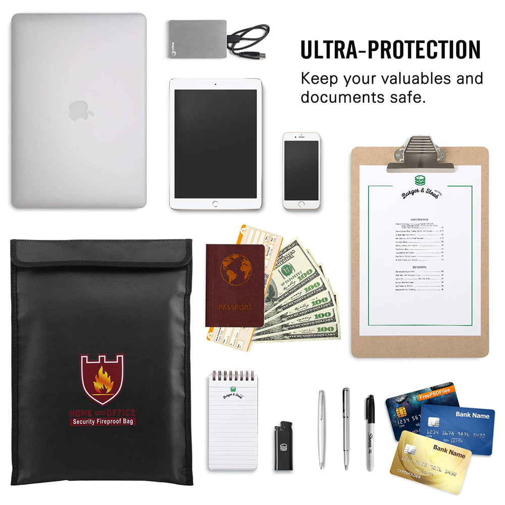 Passport Jewelry Fireproof & Water Resistant Bag with Double Layered Protection Money Safe Accessory for Documents Certificates Fireproof Document Bag 15” x 11” with 2 Bonus PVC A4 Folders