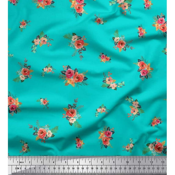 Soimoi Green Silk Fabric Leaves & Peony Floral Decor Fabric Printed Yard 42 Inch Wide