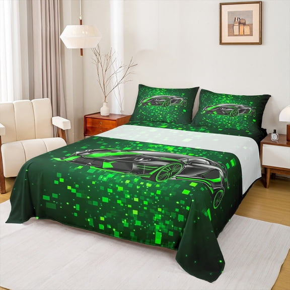 Feelyou Green Fahion Automobile Twin Sheet Sets, Square Honeycomb Twin Fitted Sheet, Teens Kids Boys Girls Flat Sheet, Lightweight Room Decor, 3pcs