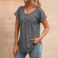 thumbnail image 2 of Women's Curved Hem Short Sleeve Shirts Summer Soft Pleated Scoop Neck Button Down Shirt Loose Fit Casual Daily Wear Tops Gray, 2 of 8