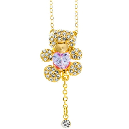 Champagne Gold Plated Necklace with Teddy Bear Design with a 16 Extendable Chain and High Quality Purple Crystals by Matashi