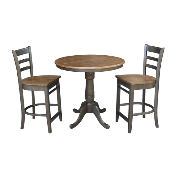 36" Round Wood Extension Counterheight Table and 2 Stools in Hickory/Washed Coal