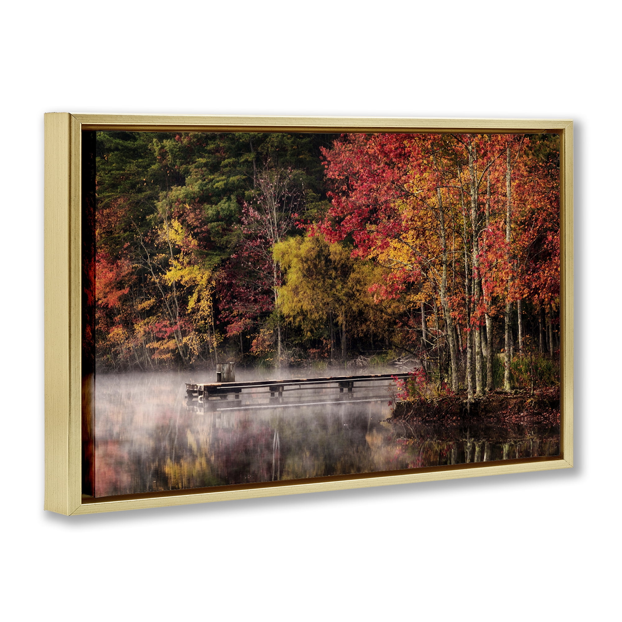 Stupell Industries Autumn Dock Landscape Landscape & Nature Photography Gold Floater Framed Canvas Art Print Wall Art, 31 x 21