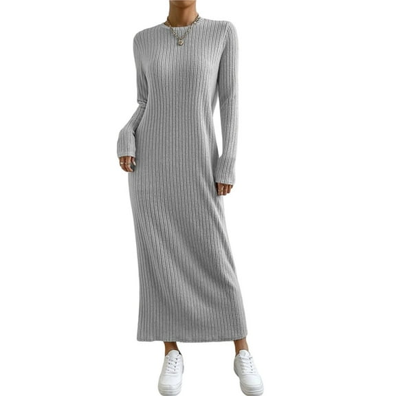 Womens Sweater Maxi Dress Long Sleeve Knit Ribbed Crew Neck Slim Fit Casaul Fall Dresses Grey M