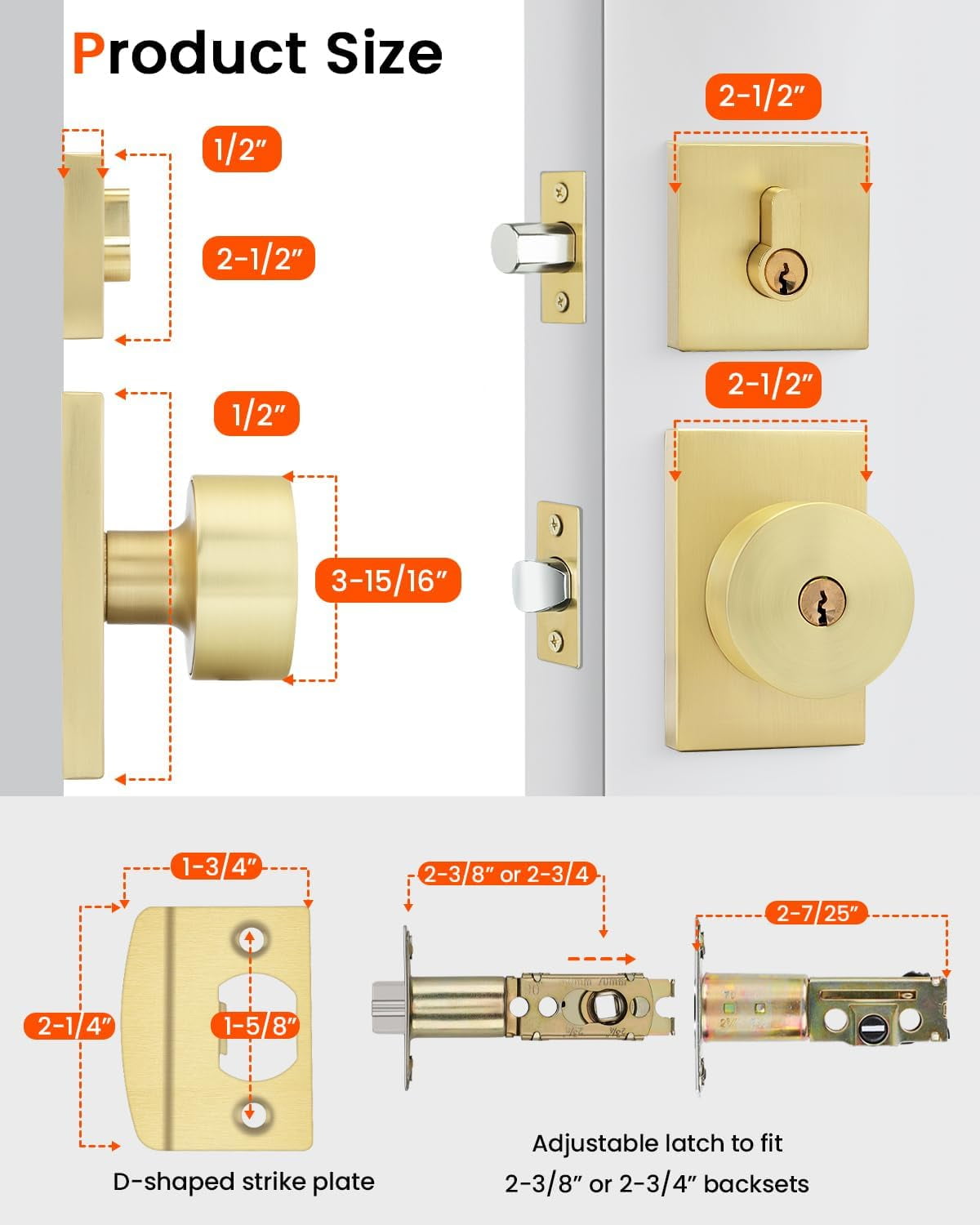 Gold Door Knob with Deadbolt, Zinc Alloy Brushed Gold Keyed Alike Exterior Door Lock Set,Heavy Duty Brushed Brass Front Door Knob and Deadbolt Set with Lock and Key, Reversible (1 Pack)