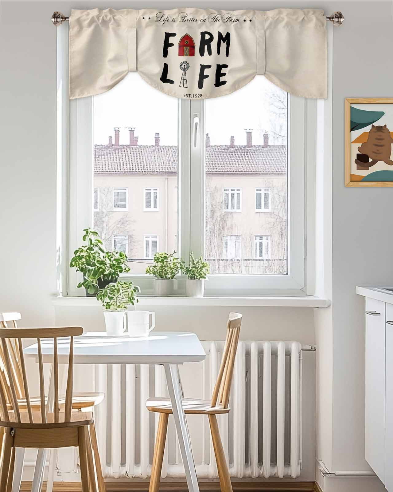 Farm Life Tie Up Valances Curtain, Adjustable Kitchen Barn Cow Chicken Pig Farmhouse Valances for Windows Decor, Rod Pocket Short Curtains Set for Bedroom/Bathroom, 60"x18"