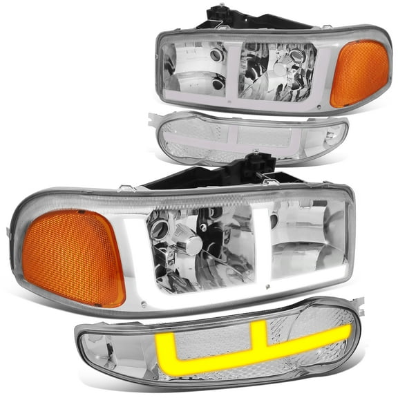 DNA Motoring HL-LB4-DAN99-CH-AM Chrome Amber F-LED DRL Headlight Bumper Lamps for 2001-2007 GMC Sierra Yukon 1500 Denali