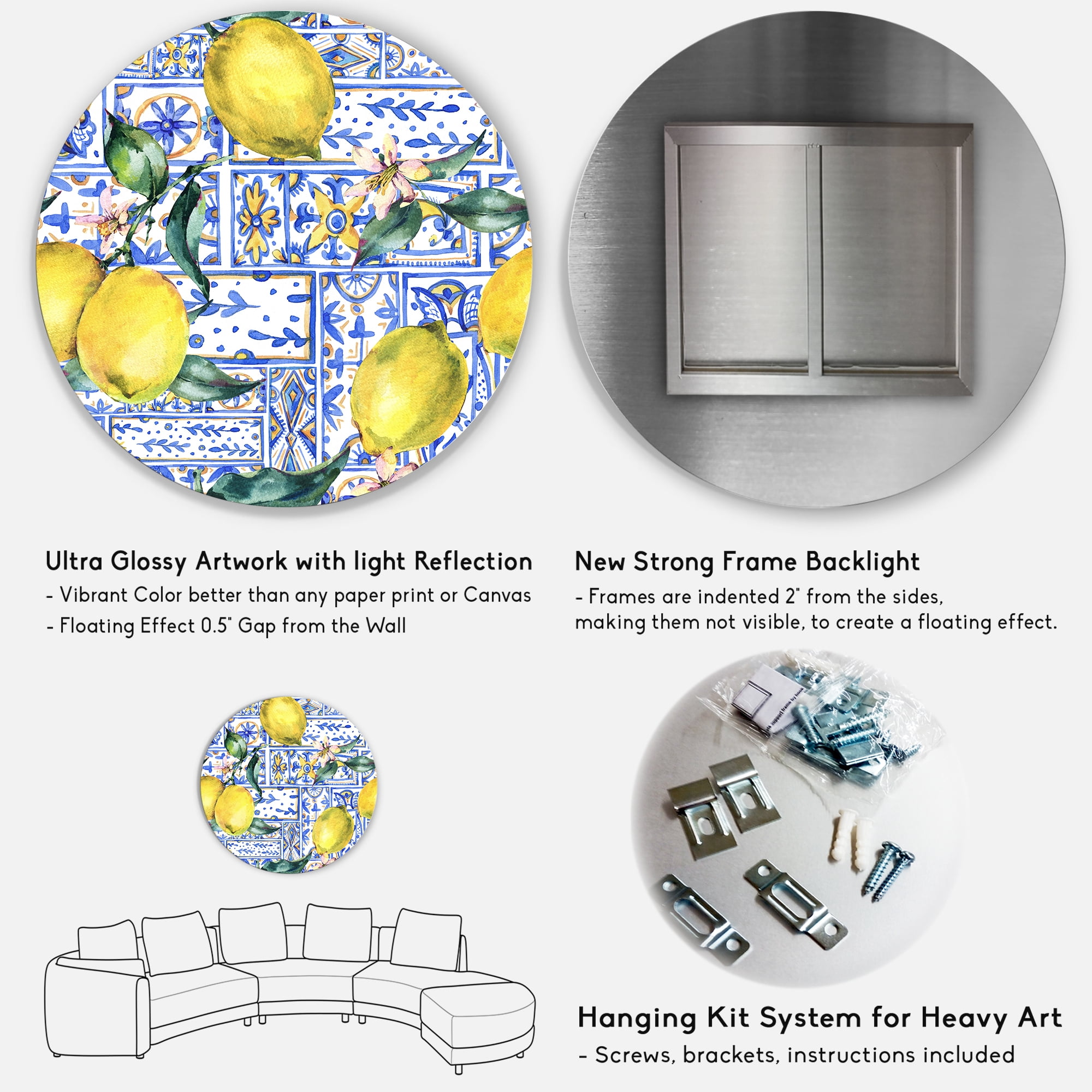 Designart 'Geometrical Pattern of Lemon Ornament On Blue I' Tropical Circle Metal Wall Art 29x29 - Disc of 29