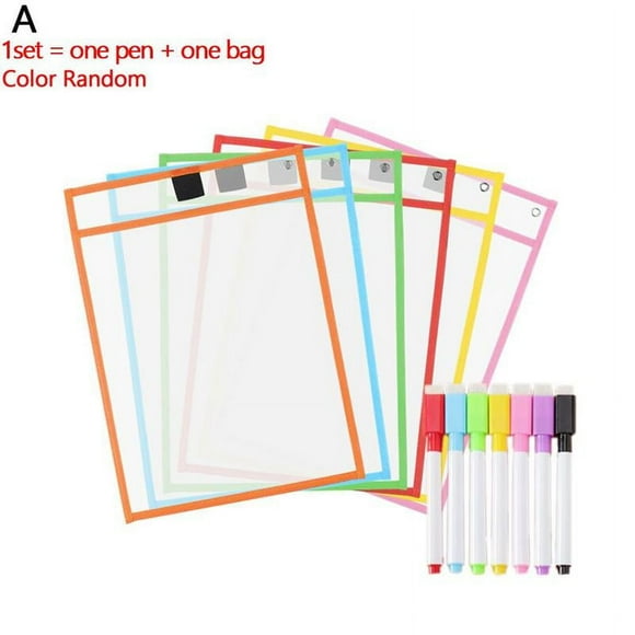 A4 Wipe Clean Pockets Plastic Dry Wipe Erasable Reusable File Storage Bag with Marker Pens for Teaching Office Education, 3 Pack, Color Random K5U7