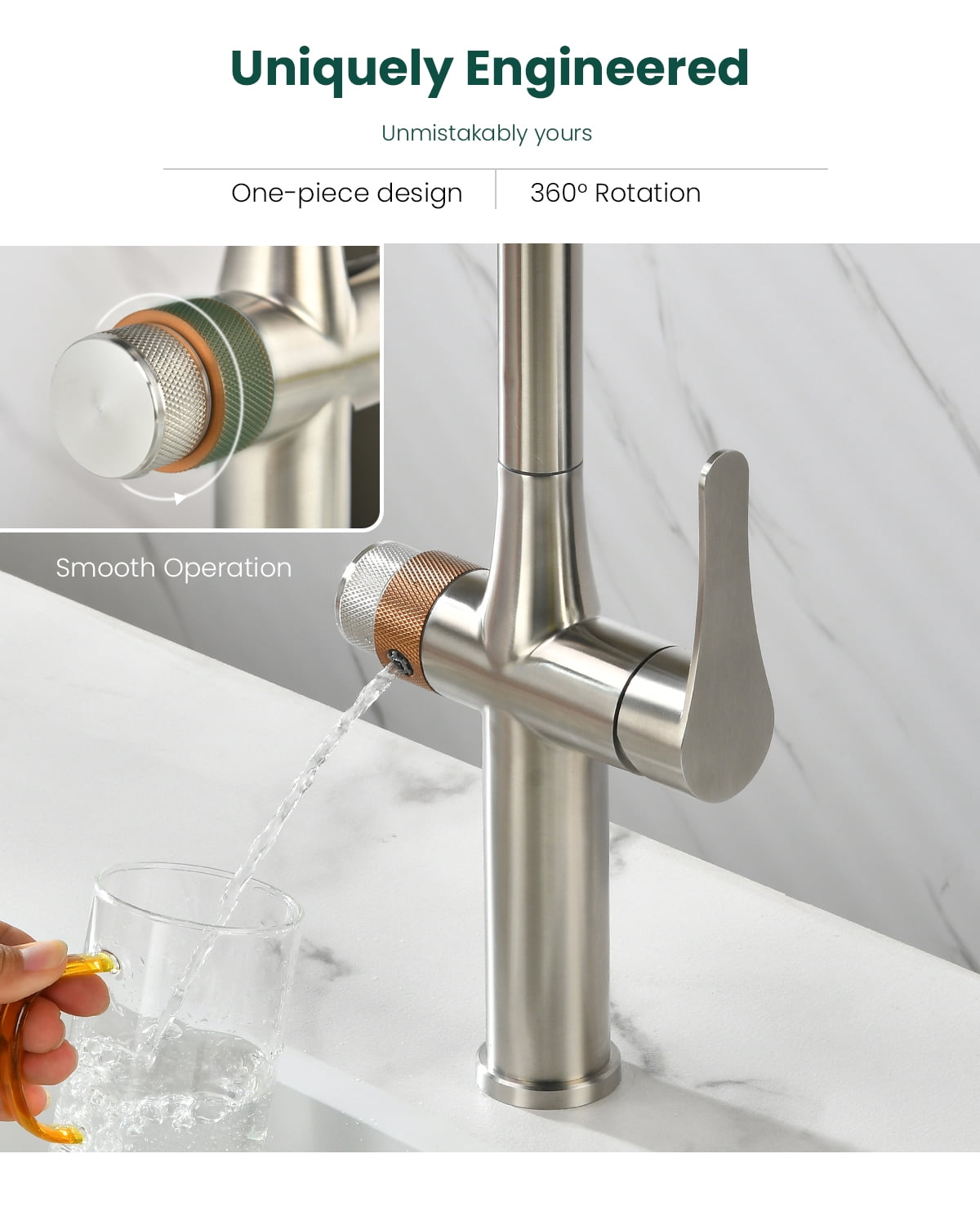 APPASO Brushed Nickel 3-Way Kitchen Faucet with Water Filter Connection, Commercial Single Handle High Arc, SUS304 Stainless Steel 3 in 1 Sink Faucet (Without Filtration Device)
