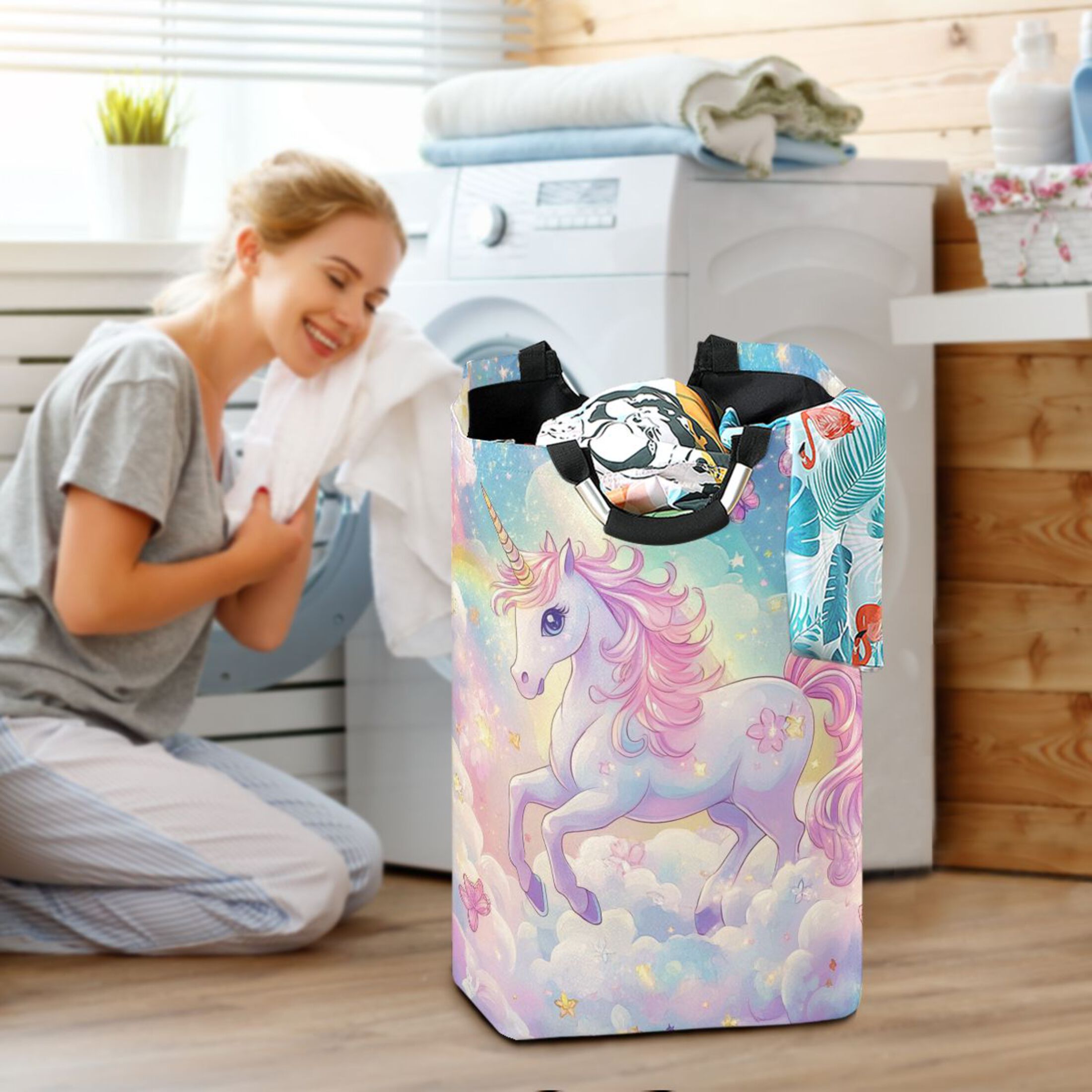 Laundry Basket Collapsible Laundry Basket Hamper with Handles for Dorm Clothes Toy Storage Rainbow Colors Unicorn