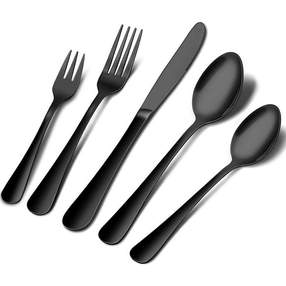 Black Silverware Set, 10-Piece Stainless Steel Flatware Set Service for 2 for Home and Restaurant, Dinner Knives Forks Spoons, Mirror Polished, Dishwasher Safe (Black)