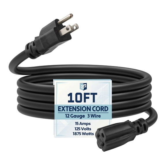 EP 10 ft 12/3 SJTW Outdoor/Indoor Extension Cord, Durable Electrical Cable, Black, 15A 1875W