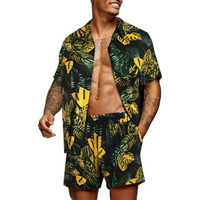 Faithtur Men's Hawaii Shirt Suits, Fashion Printed Button Down Short Sleeve Shirt + Beach Shorts Set