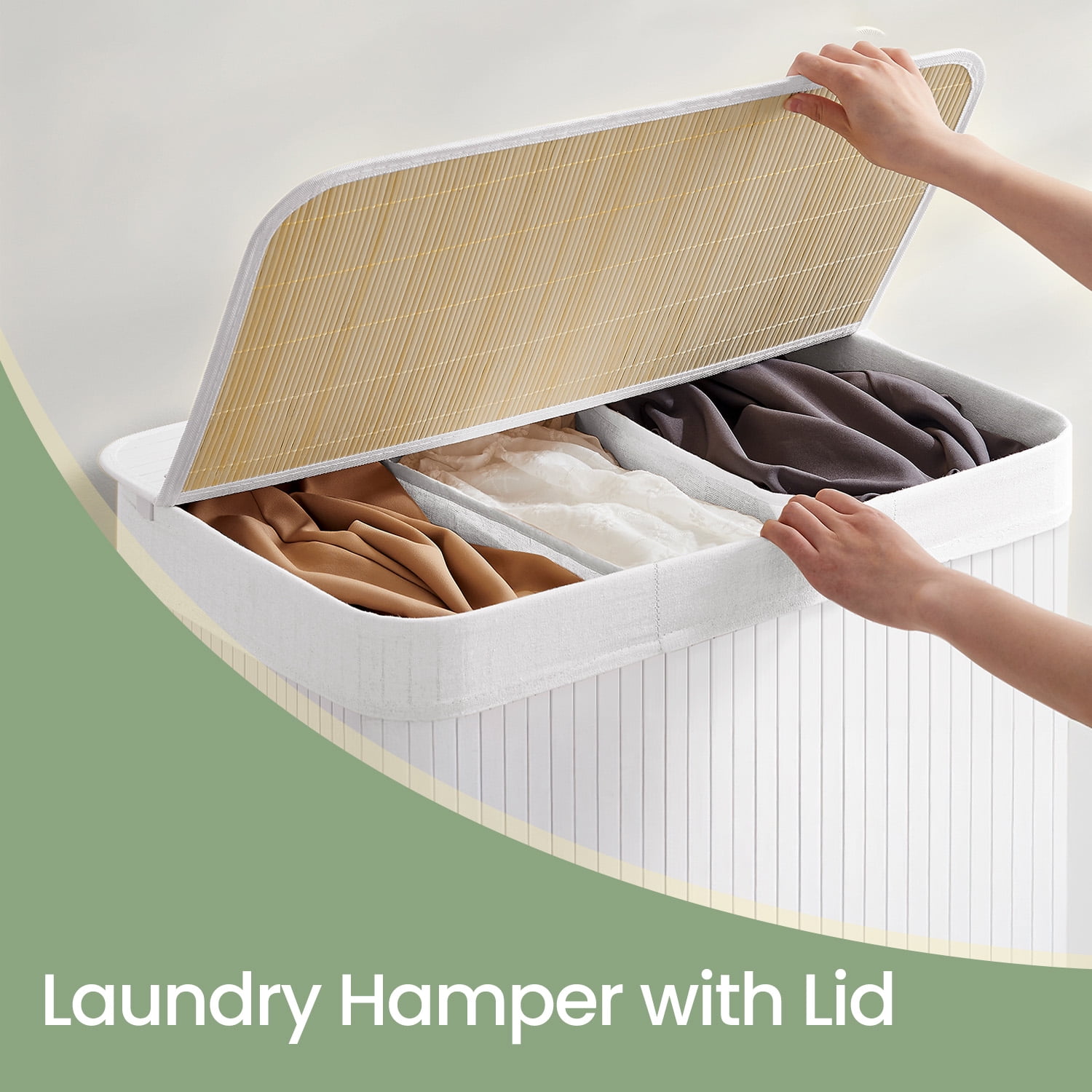 LEDREM Laundry Hamper 3-Section, 39.6 Gallons Bamboo Laundry Basket with Lid, Foldable Removable Washable Liner,White