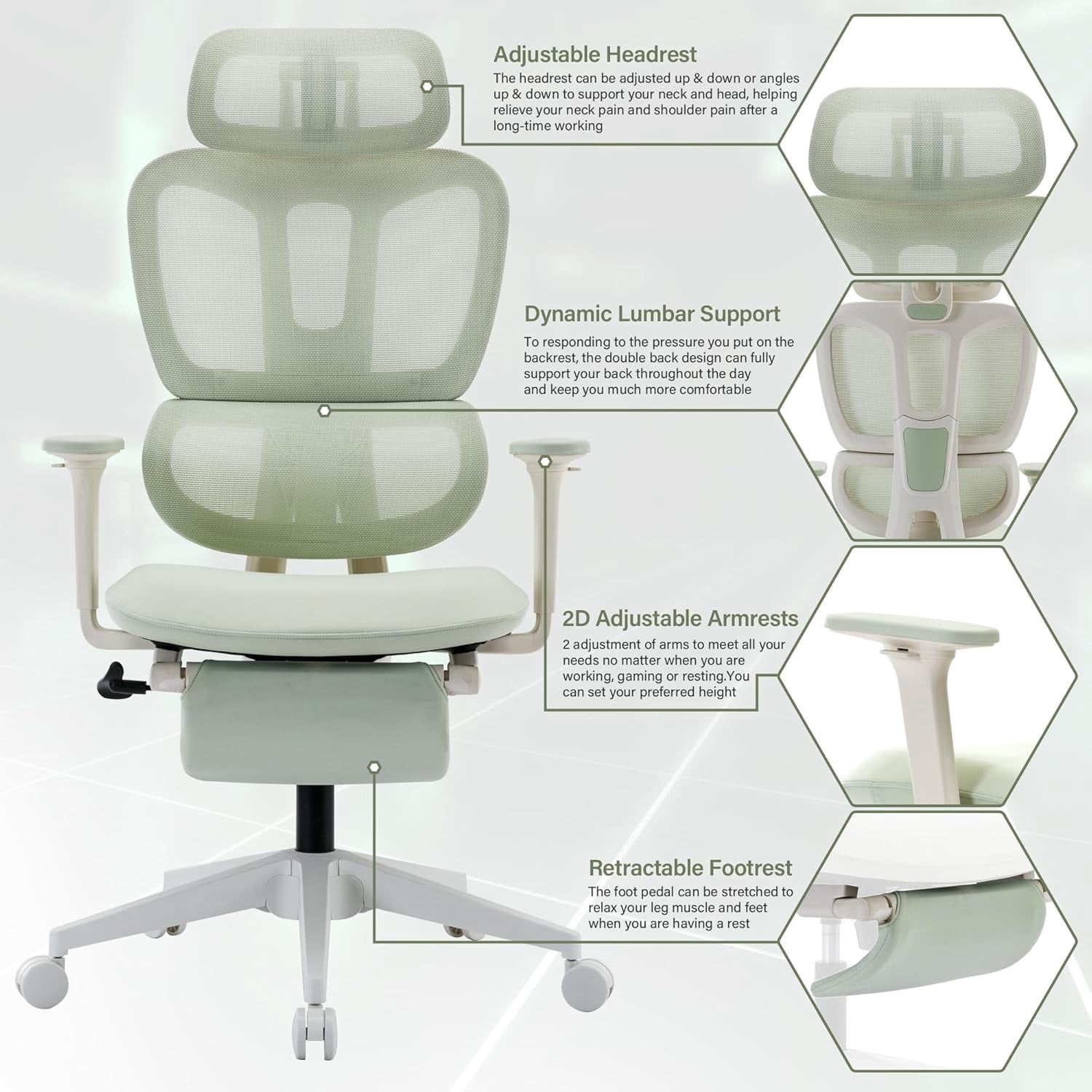 Ergonomic High Back Mesh Office Chair with Retractable Footrest, 2D Headrest & 4D Armrest, 90°-135° Reclining Sponge Cushion Computer Desk Chair