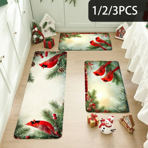 3PCS Kitchen Mat set, Welcome Door Flannel Rug,Home Decor for Front Door,Kitchen, Bathroom, Cardinal Bird Pine Cone Christmas Pattern ,Great Thanksgiving Day