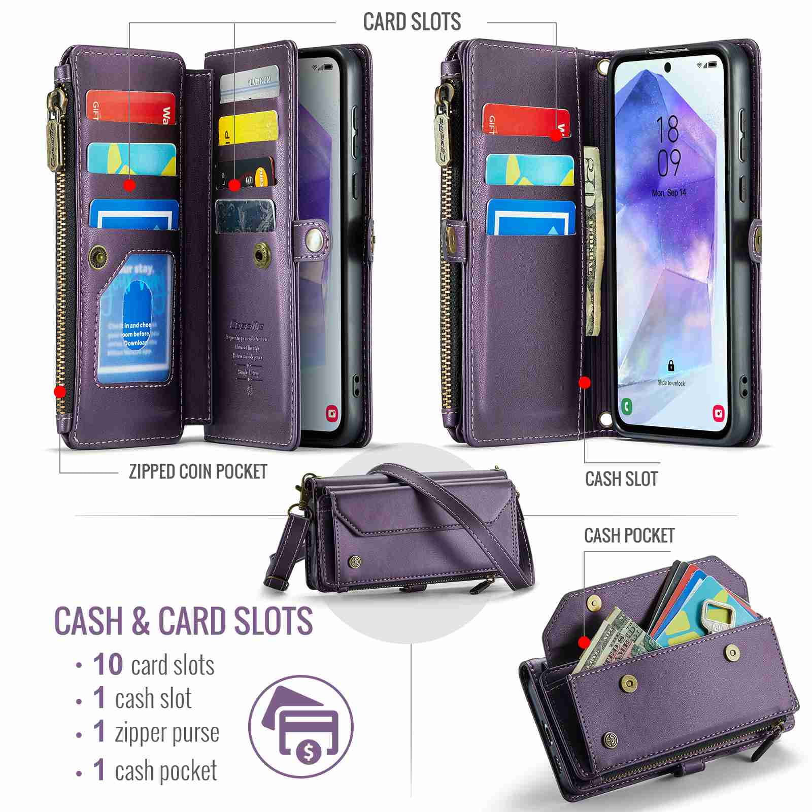 Dteck for Samsung A23 Case with RFID Blocking Wallet Case for Women Men, Shockproof PU Leather Magnetic Flip Strap Zipper Card Holder Phone Case,Purple