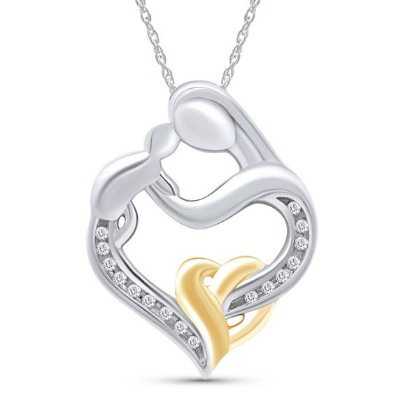 AFFY Mother's Day Jewelry Gift 0.1 Carat (Cttw) Round White Natural Diamond Two Tone Mom Heart Pendant Necklace 14K White Gold Sterling Silver