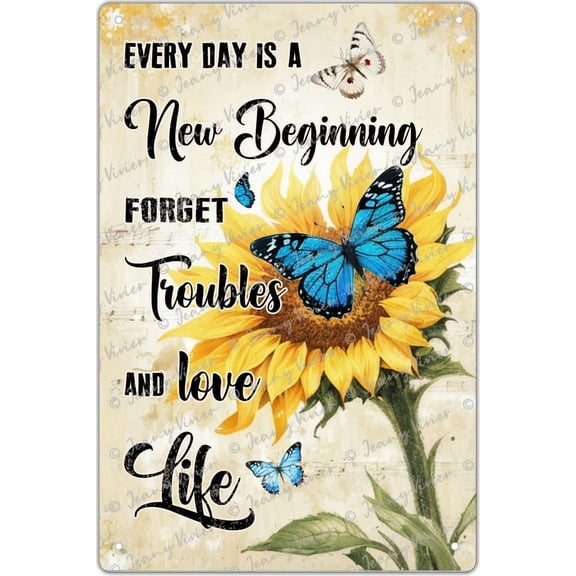 Sunflower Tin Sign Butterfly with Floral Metal Sign for Bedroom Living Room Garden Kitchen Wall Decor Funny Inspirational Painting Prints, Encouragement Gifts for Girls Daughter 5.5x8 Inches