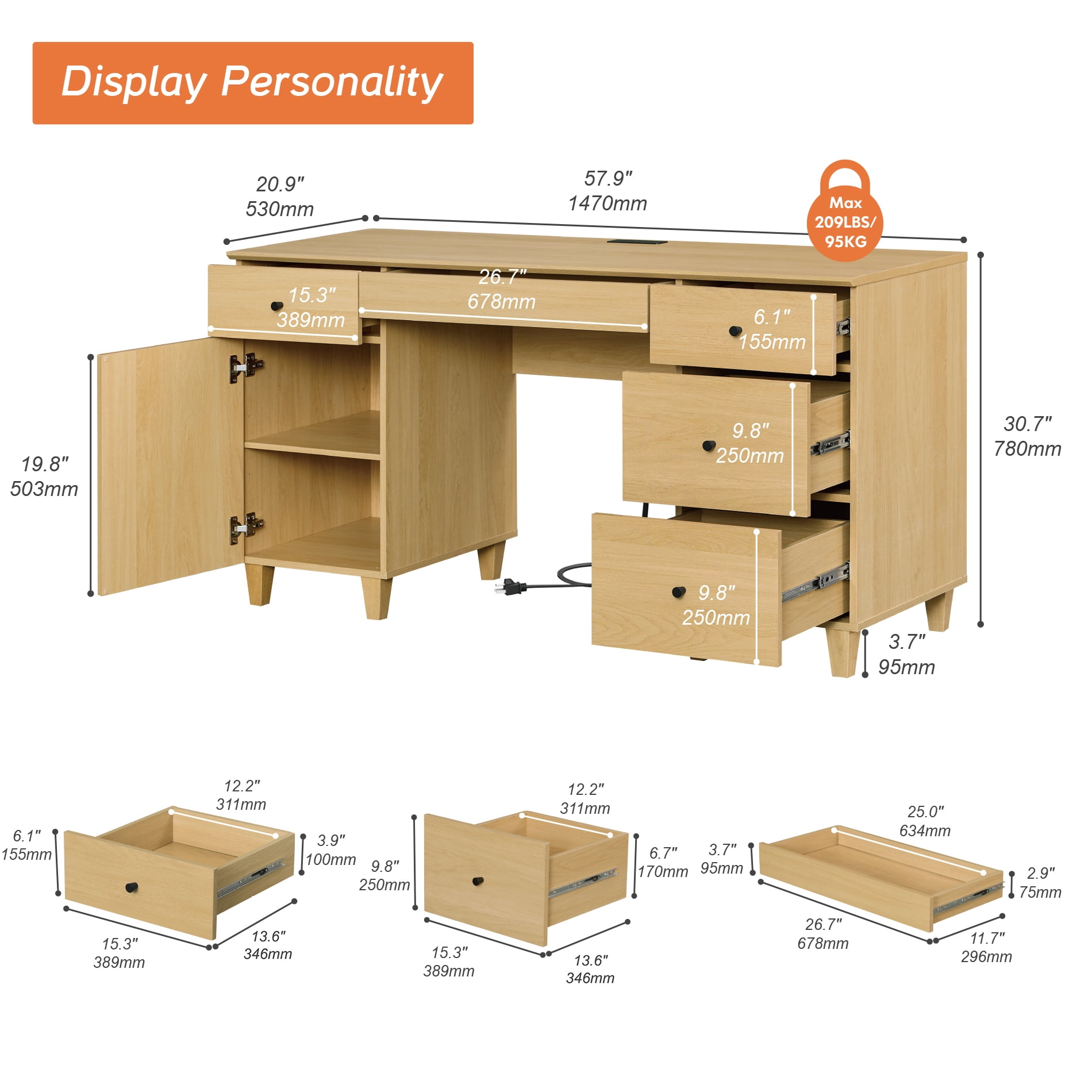 58" Executive Desk with 5 Drawers and 1 Door, Modern Farmhouse Home Office Computer Table with Charging Station, Oak