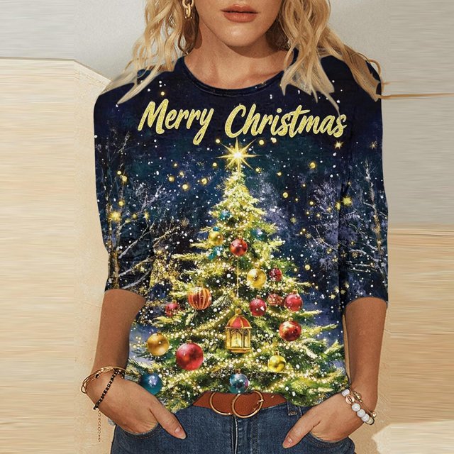T-Shirt Décontracté de Noël pour Femmes à Col Rond et Manches Trois-Quarts
