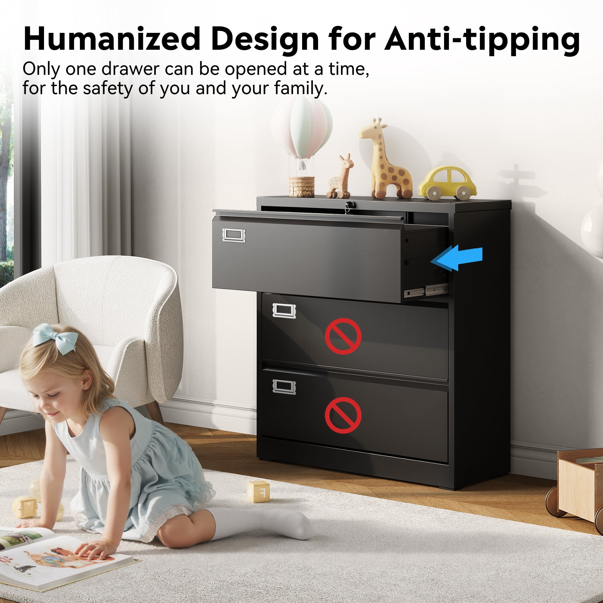 GALAXHERO Lateral File Cabinet with 3 Drawer, Metal Lockable Storage Cabinet for Home Office, Hanging Files Letter/Legal/F4/A4 Size, Black