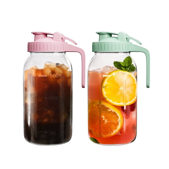 GOSCHE 2 Pack 64oz Glass Pitcher with Lid and Spout Leak Proof Mason Jar Pitcher with Handle for Fridge Juice Beverage Iced Tea Coffee Pink Green