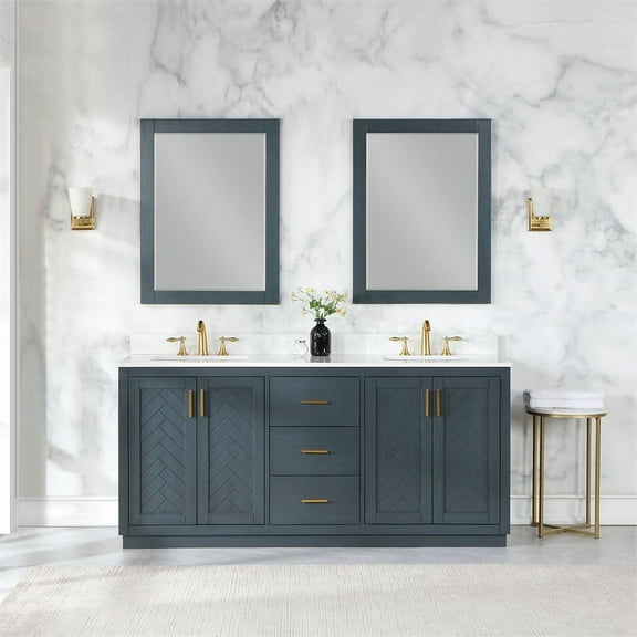 Gazsi 72" Double Bathroom Vanity Set in Charcoal Blue with Grain White Composite Stone Countertop with Mirror