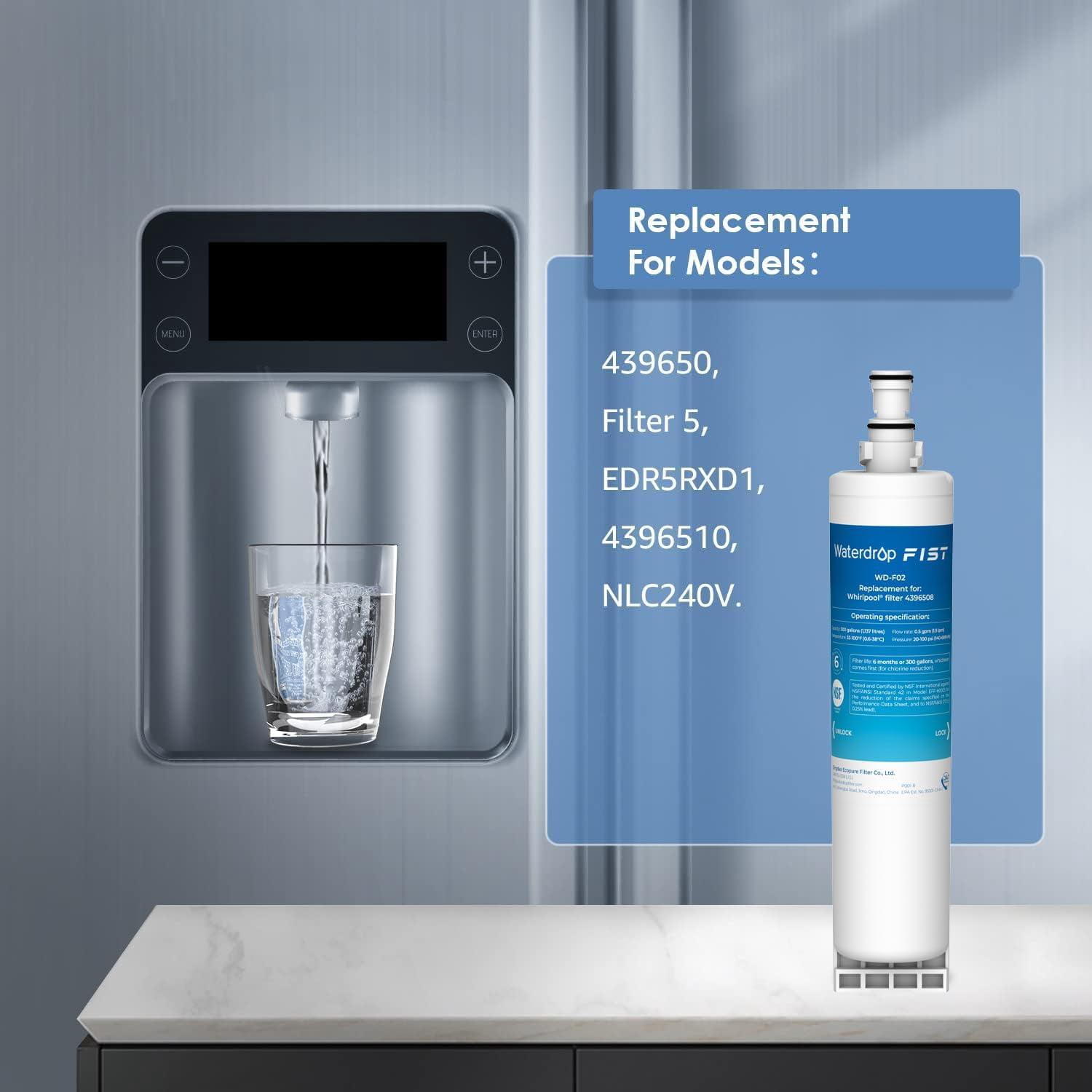 Waterdrop 4396508 Refrigerator Water Filter, Replacement for EveryDrop® Filter 5, EDR5RXD1 Whirlpool® 4396508, 4396510, Kenmore® 46-9010, 1 Pack