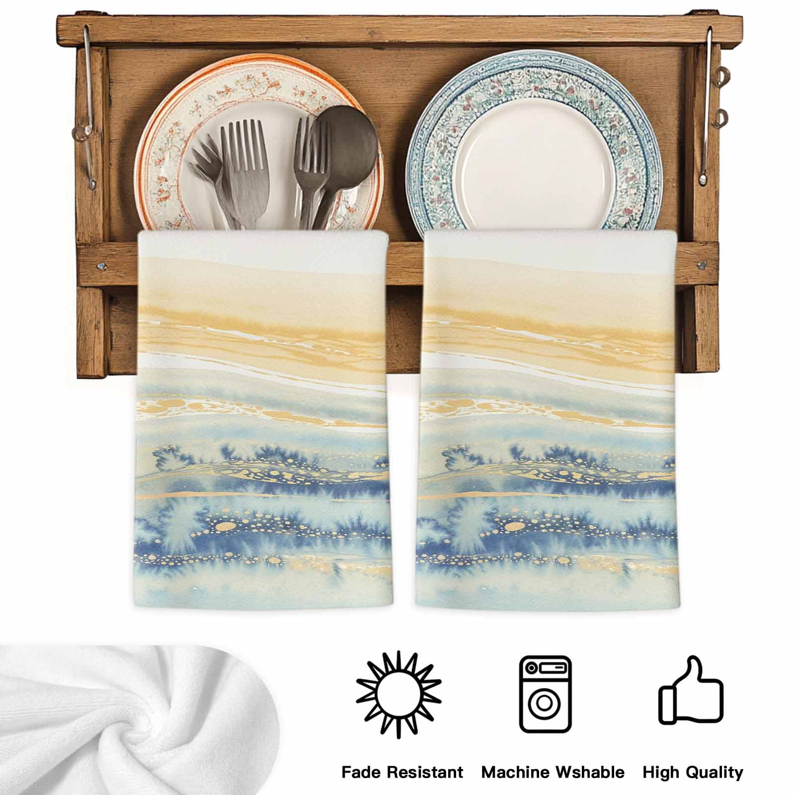 Dish Towels, Yellow Blue Marble Absorbent Kitchen Towels 2 PCS, Abstract Fluid Microfiber Hand Towels Dish Cloths Tea Towels for Home&nbsp;Bathroom Cleaning Drying,18X28-Inch,