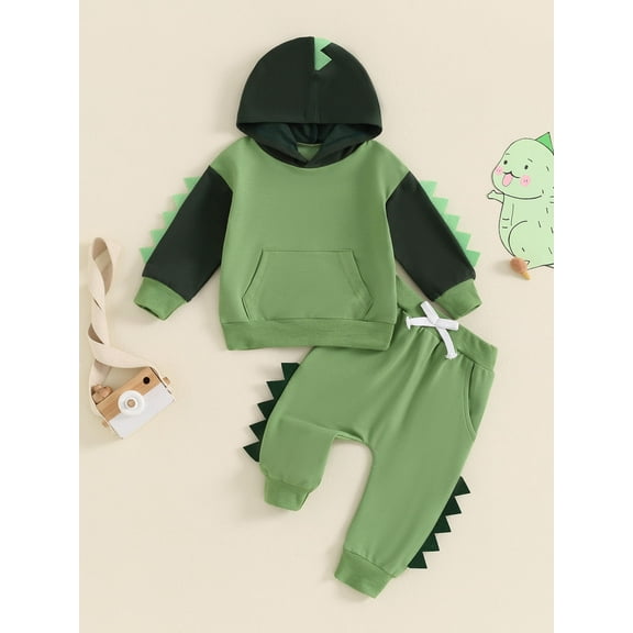 Loicainy Toddler Kids Boy Dinosaur Outfits, Contrast Color Long Sleeve Hoodie Elastic Waist Pants 2 Piece Set for Fall 6 Months to 6 Years