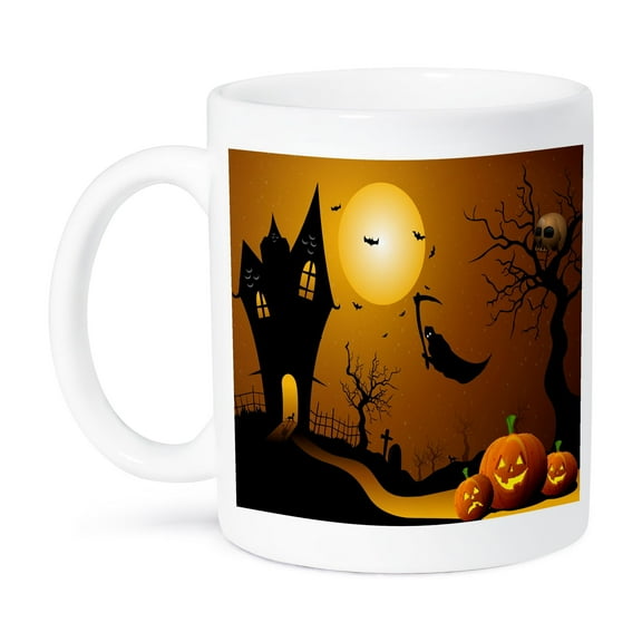 3dRose, Halloween House With Pumpkins, Skulls, and Bats and The Grim Reaper, 15oz Mug