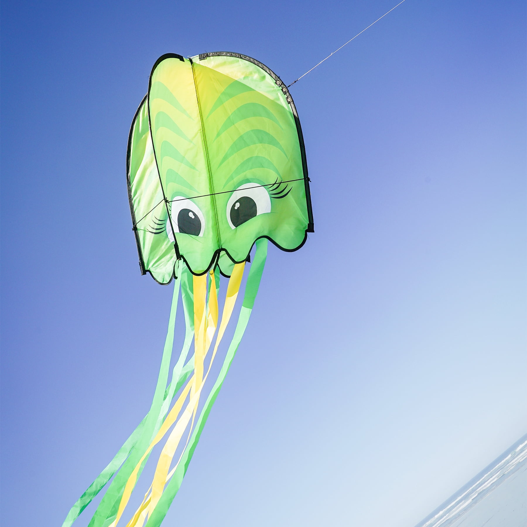 In the Breeze 3389 — Green Pop Jelly Kite — Non-Assembly, Easy-Flying Kite with Long Streamer Tails; Kite Line Included