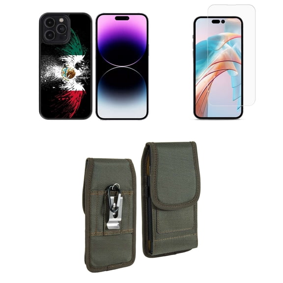 Bemz Phone Case for iPhone 15 Pro Bundle with Lightweight Shockproof Scratch Resistant UV Print Protective TPU Cover, Screen Protector, Vertical Rugged Nylon Belt Holster Pouch (Mexico Eagle)