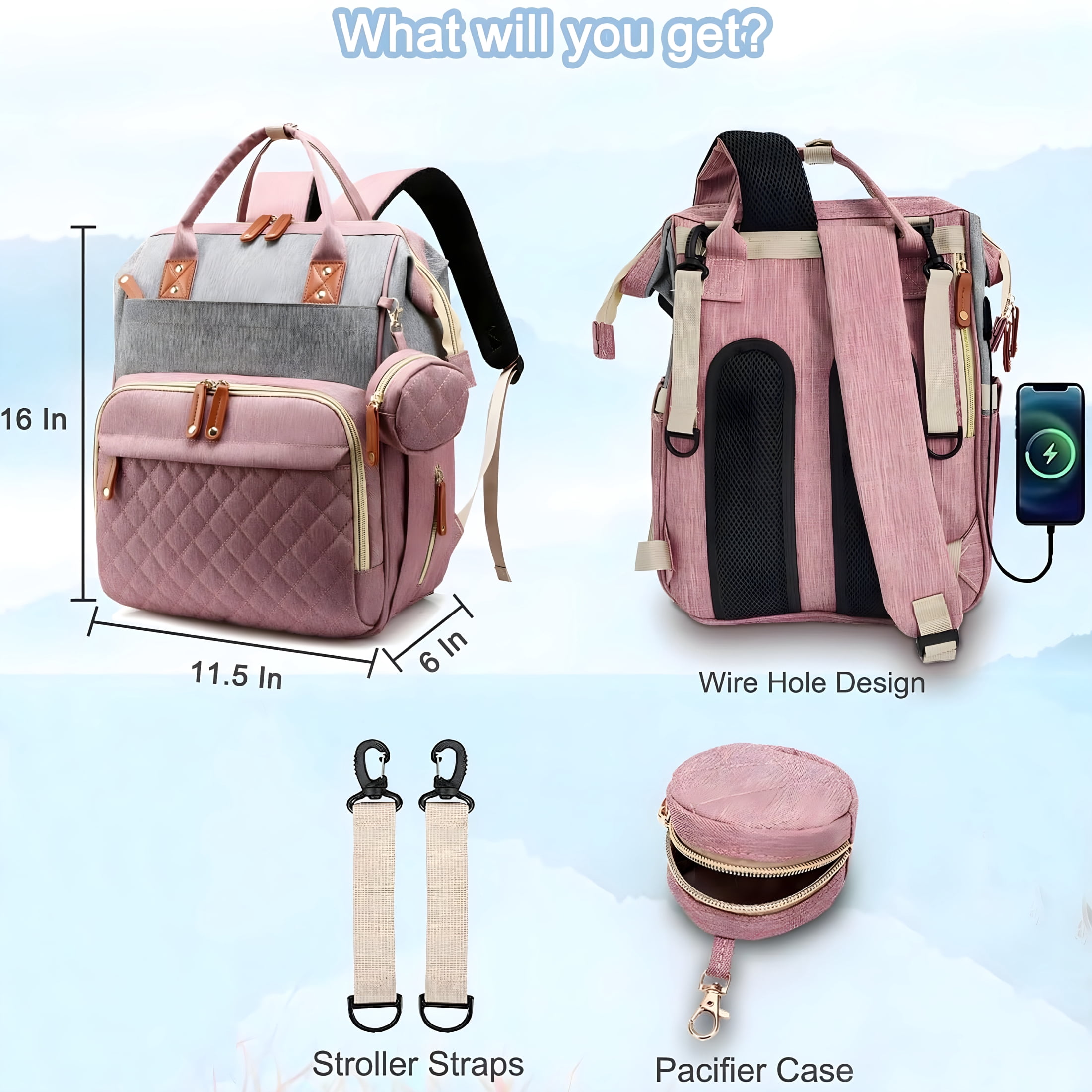 GASTROPOD 2026 New Baby Diaper Bag Backpack,Multifunction Waterproof Baby Bag with Usb Charging Port,Stroller Straps and Pacifier Case Unisex for Travel,Stroller,Daycare,Park,Shopping Pink