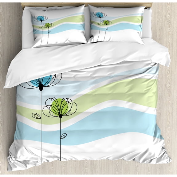 Ambesonne Flowers Duvet Cover Set, Summer Flowers, Queen, Apple Green Aqua