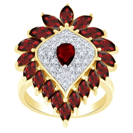 Pear Cluster Ring - 4.39 Ct Pear Shape Simulated Garnet & White Zirconia Cluster Ring in 14k Yellow Gold Over Sterling Silver Ring Size - 4